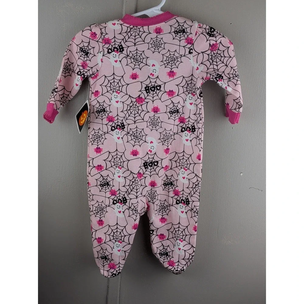 Celebration Halloween Pink Ghost Spiderweb Zip Up Footed Sleeper 0-3M NWT